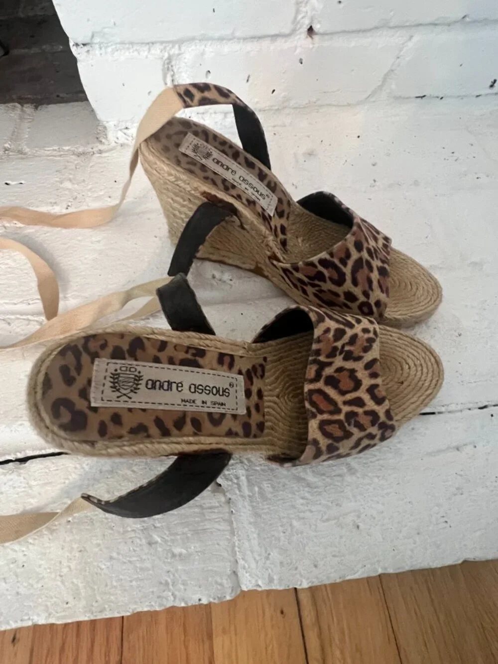 André Assous Leopard Print Lace-Up Espadrille Wedge Sandals – Size 7